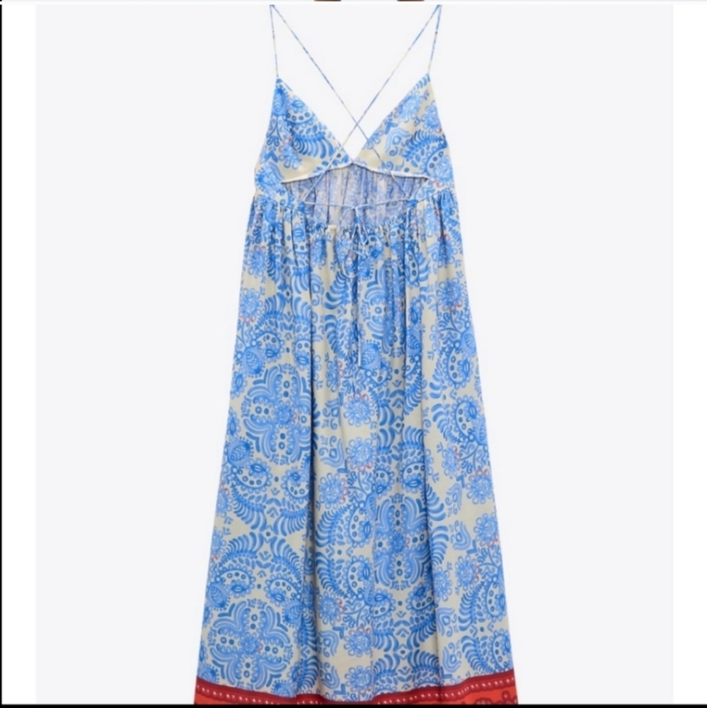 Zara * Linen Blend Printed Maxi Midi Dress Blue Boho Flowy - Picture 5 of 6